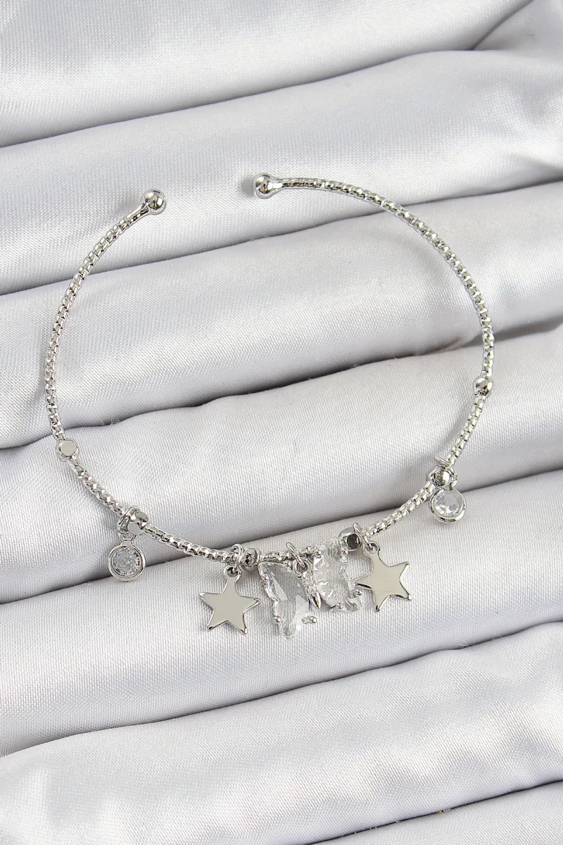 Kelebek Ve Yıldız Zirkon Taşlı Charm Bileklik Gümüş