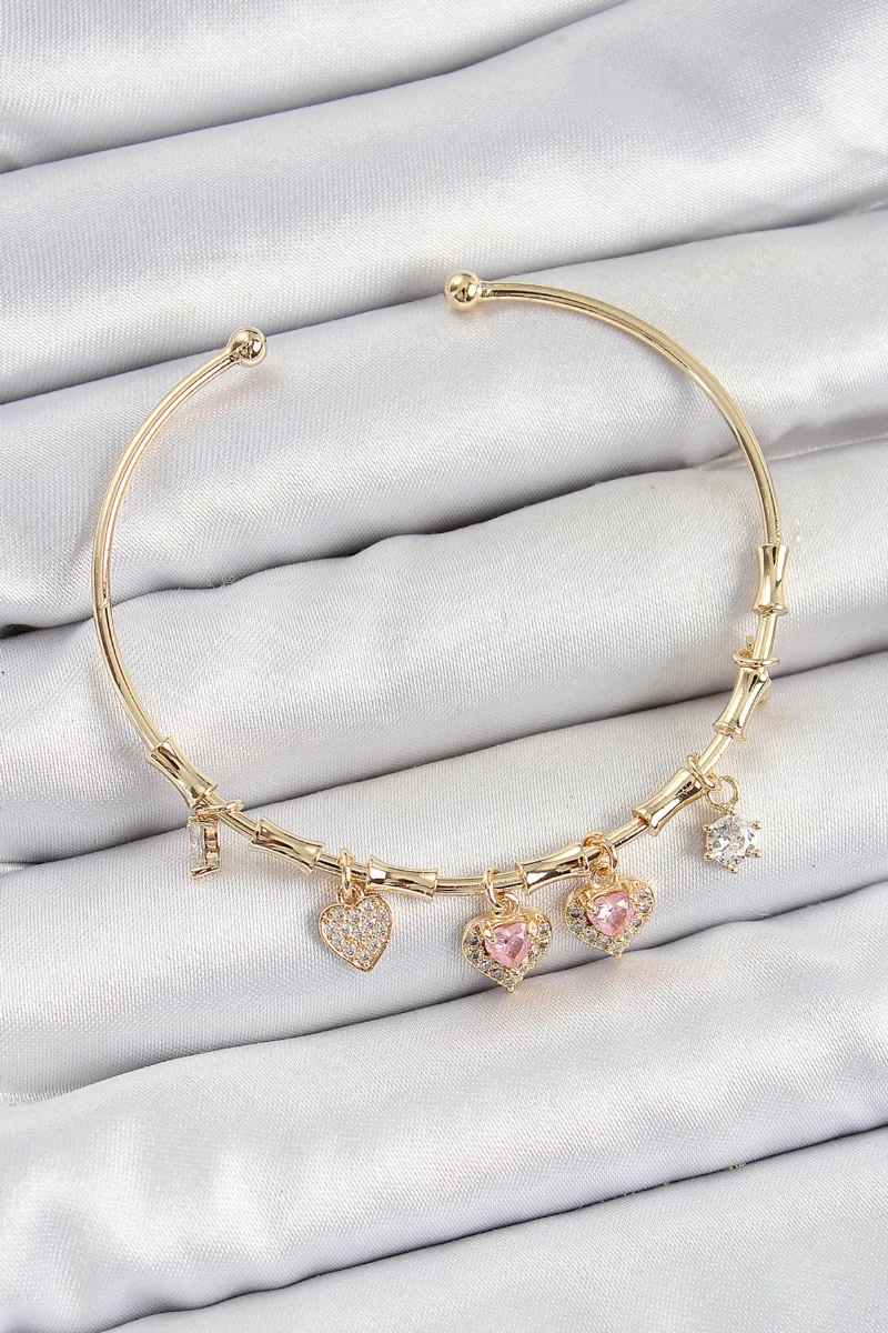 Pembe Kalp Zirkon Taşlı Charm Bileklik Gold Renk