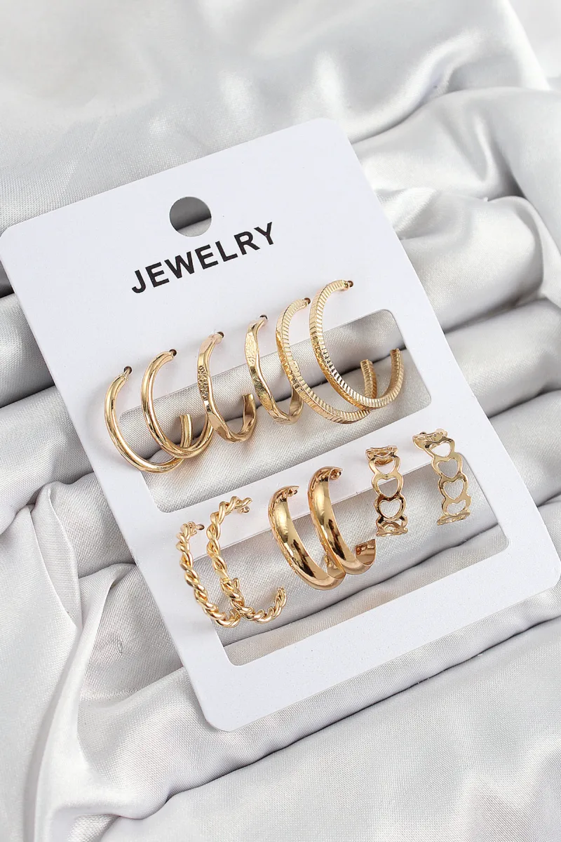 Karışık Halka Pirinç Küpe Seti Gold Renk 6’lı