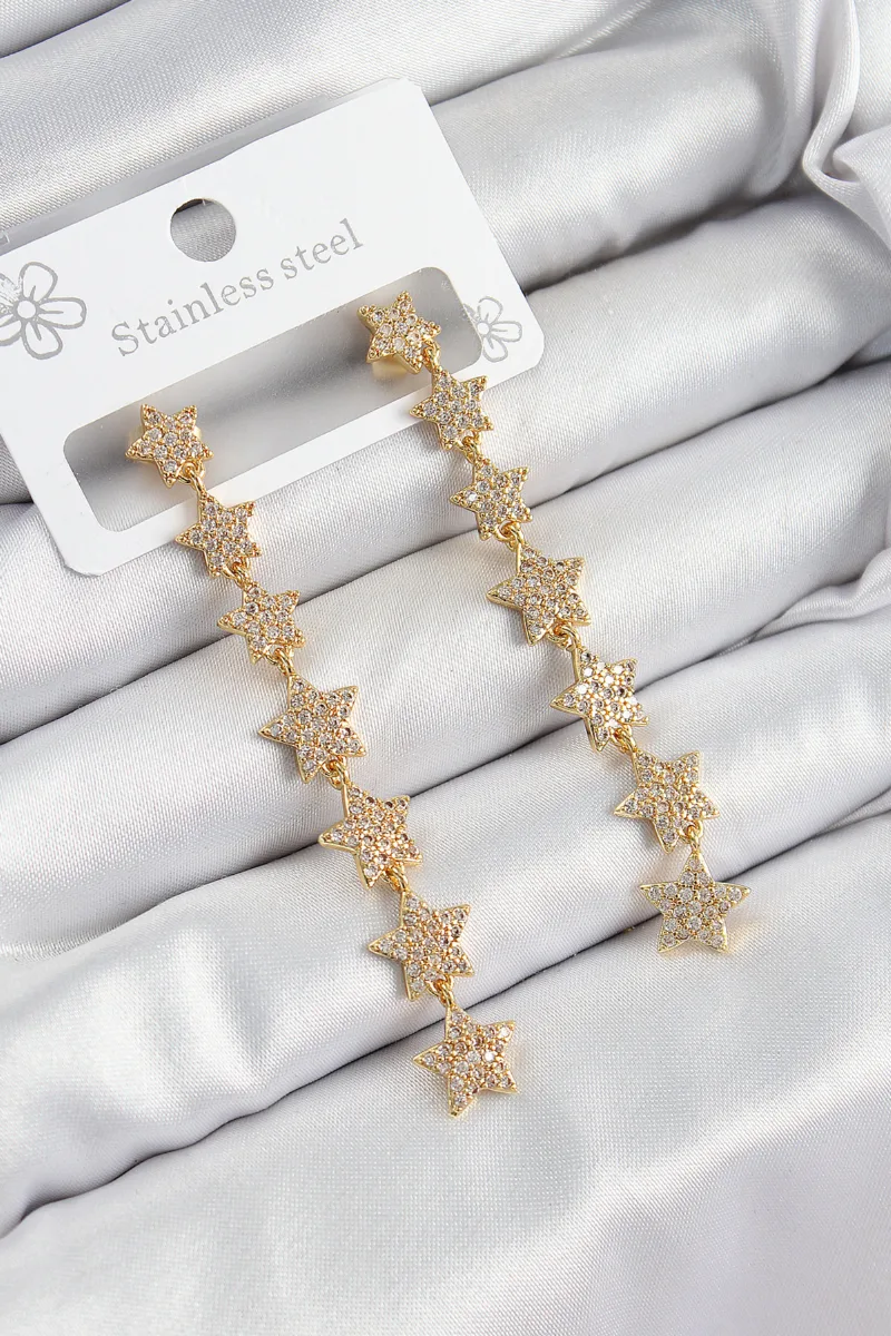 Gold Renk Zirkon Taşlı Sallantılı Yıldız Küpe