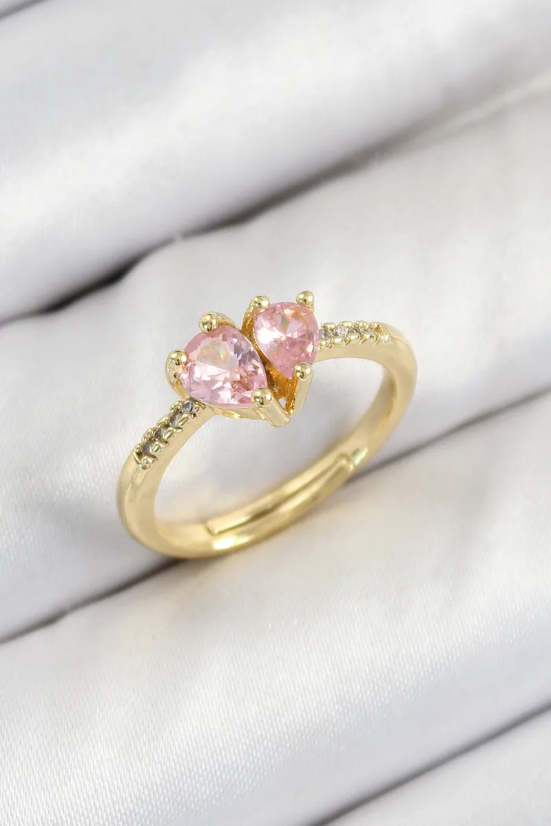 Gold Renk Zirkon Taşlı Pembe Kalp Yüzük