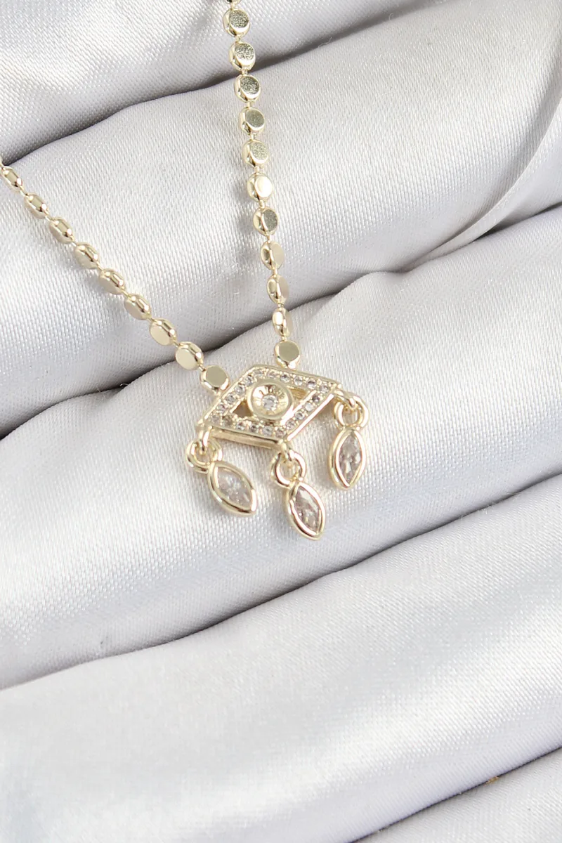 Sallantılı Göz Zirkon Taşlı Gold Renk Kolye