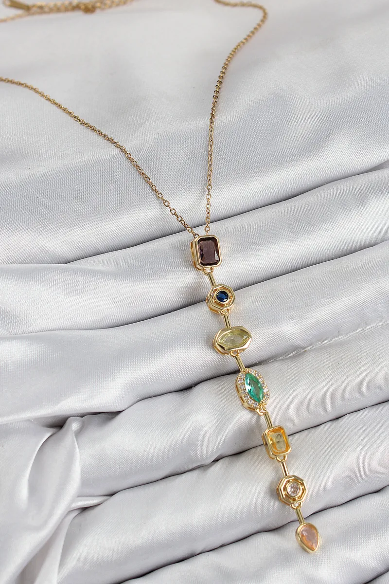 Yedi Parçalı Zirkon Taşlı Gold Renk Y Kolye