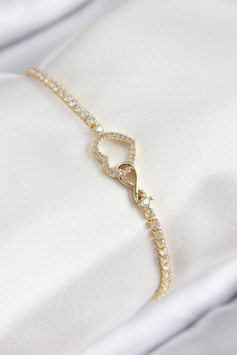 Sonsuzluk Kalp Zirkon Taşlı Gold Renk Bileklik