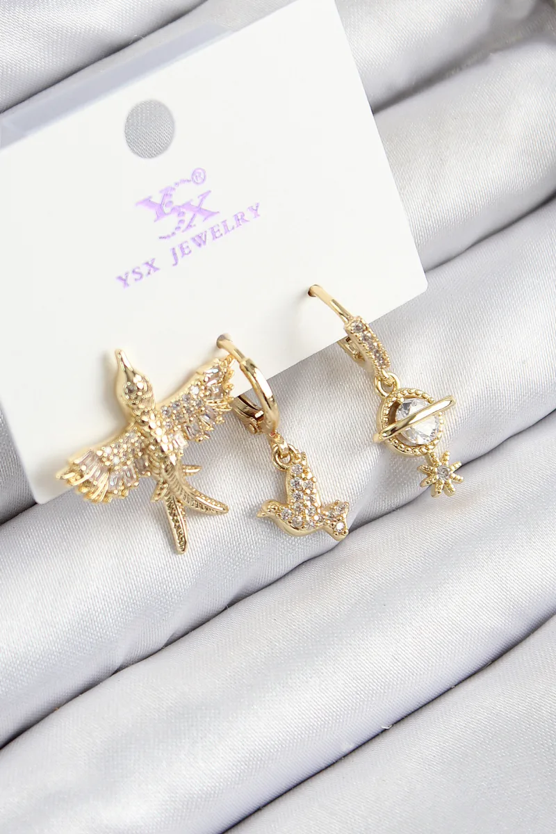 Üçlü Kuş Model Zirkon Taşlı Gold Küpe