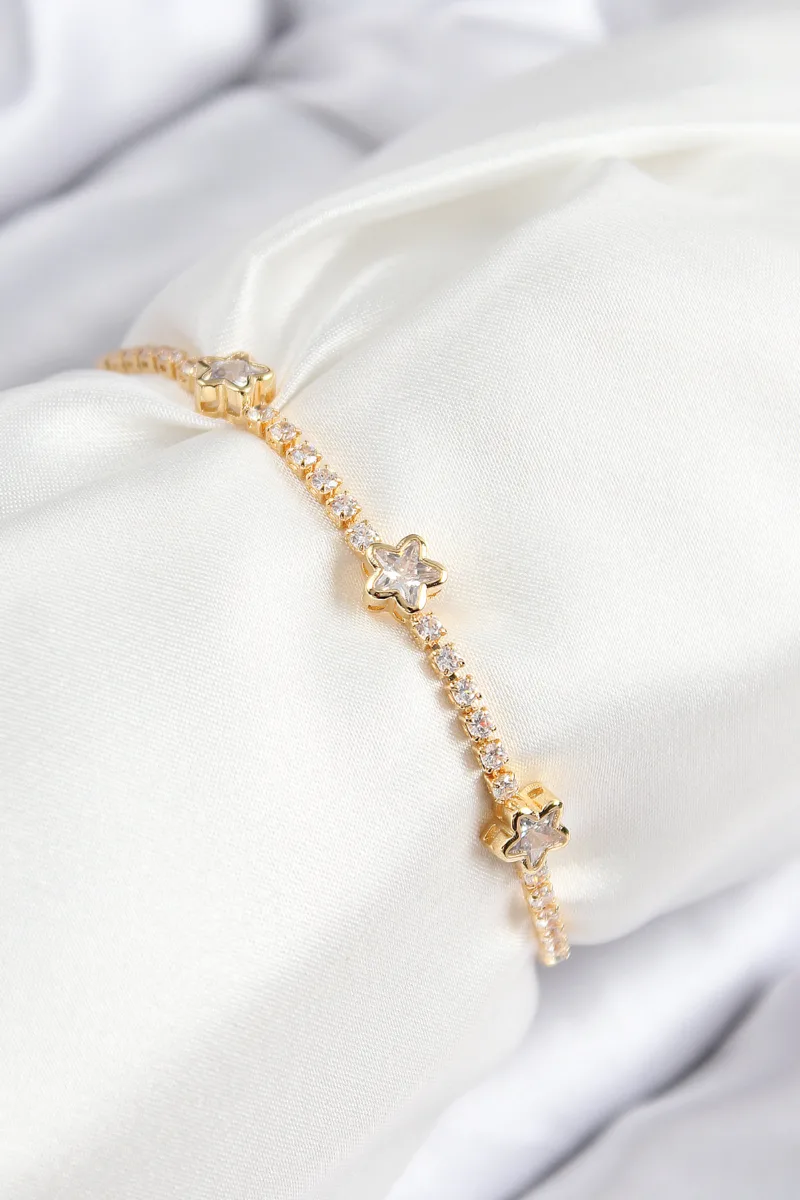 Yıldız Model Asansörlü Zirkonlu Gold Renk Bileklik