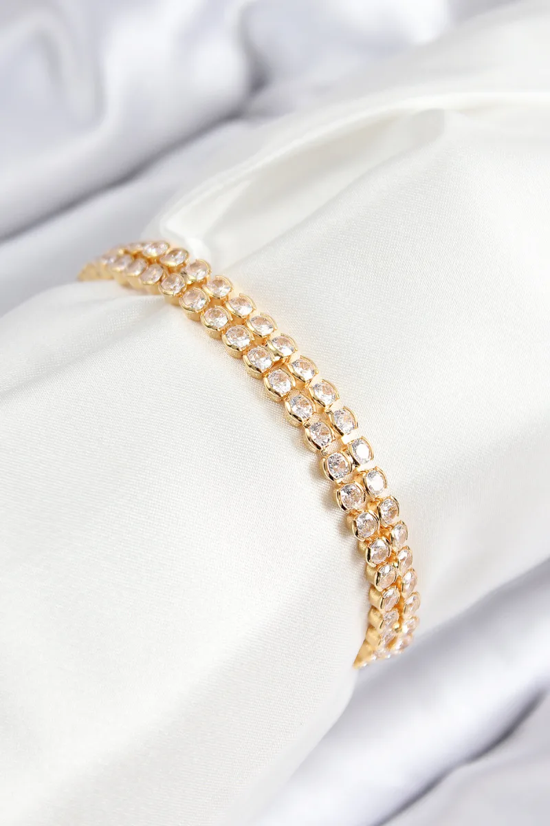 Çift Sıra Model Asansörlü Zirkonlu Gold Renk Bileklik