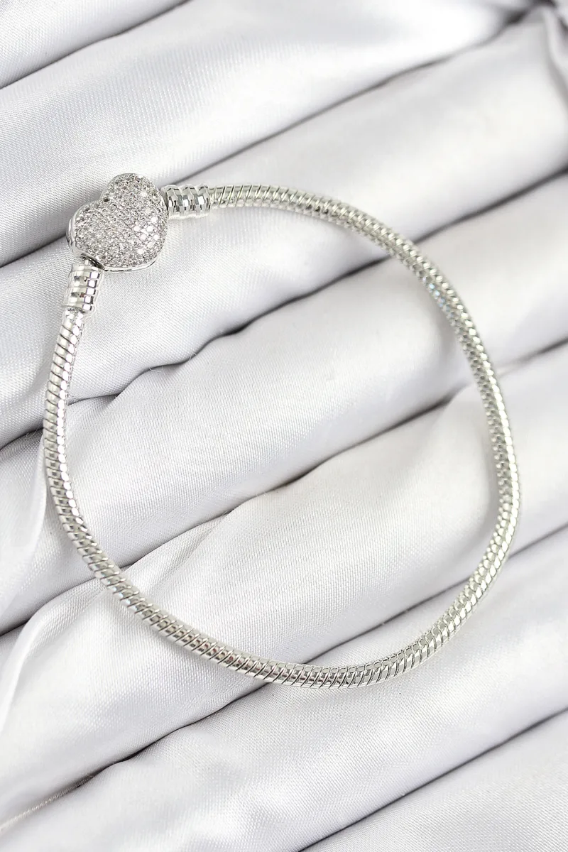 Kalp Charm Zirkon Taşlı Gümüş Bileklik