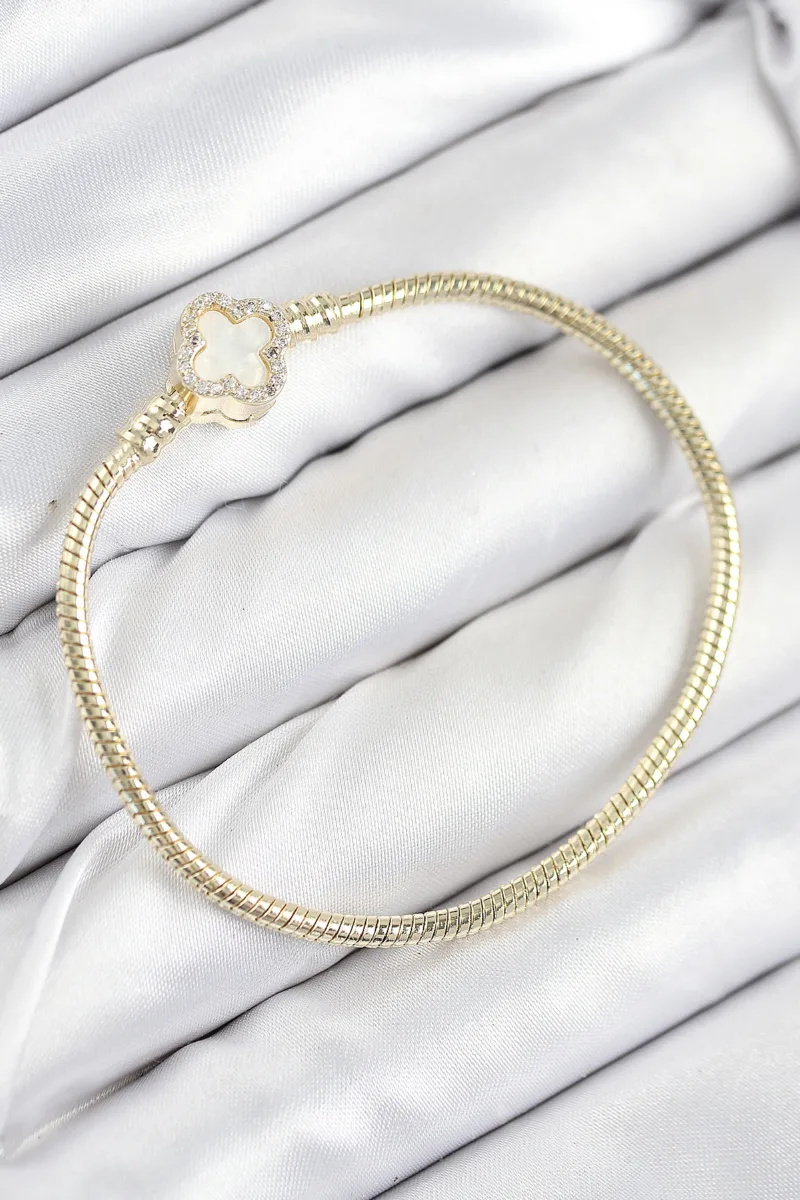 Zirkon Taşlı Yonca Charm Gold Bileklik