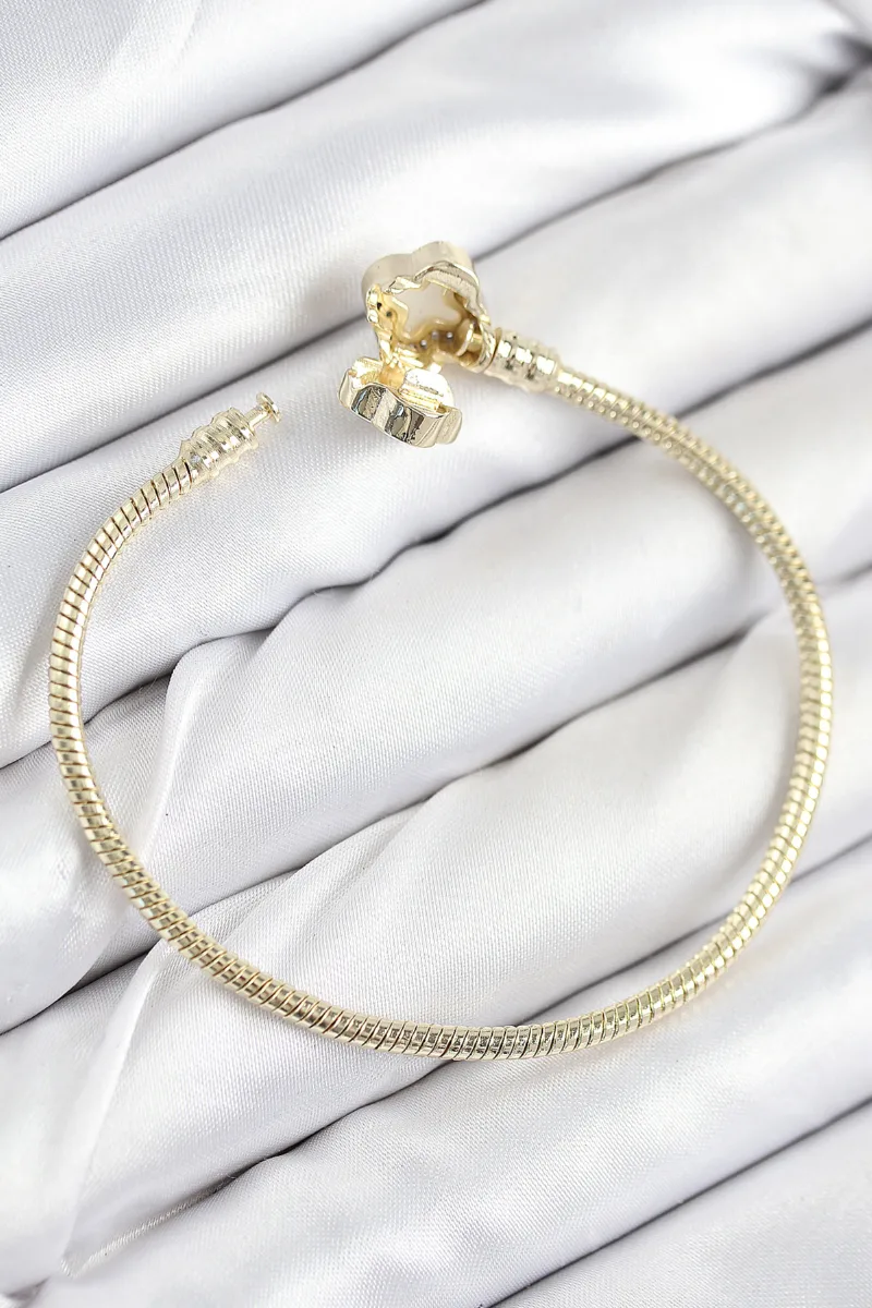 Zirkon Taşlı Yonca Charm Gold Bileklik