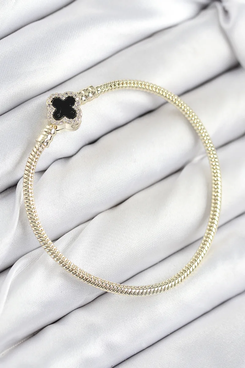 Yonca Charm Zirkon Taşlı Gold Bileklik