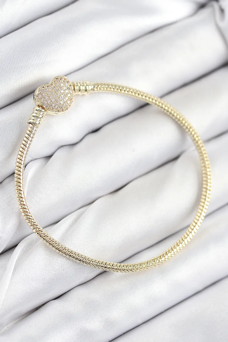 Kalp Charm Zirkon Taşlı Gold Bileklik