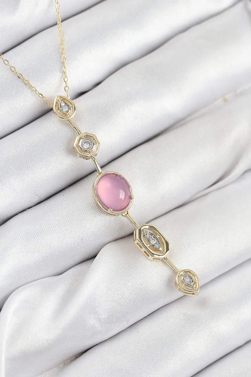 Pirinç Gold Renk Pembe Zirkon Taşlı Y Kolye