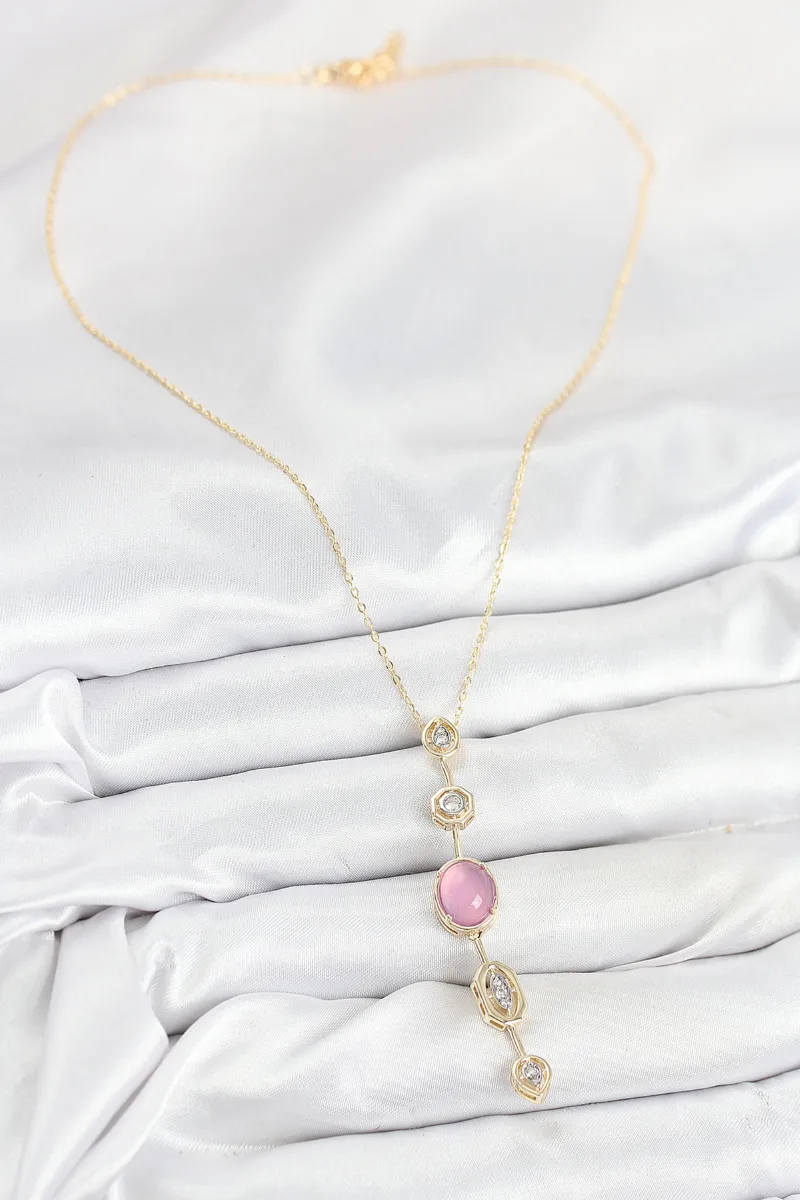 Pirinç Gold Renk Pembe Zirkon Taşlı Y Kolye