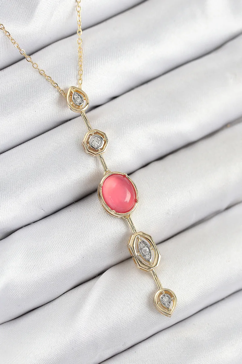 Pirinç Gold Renk Pembe Zirkon Taşlı Y Kolye