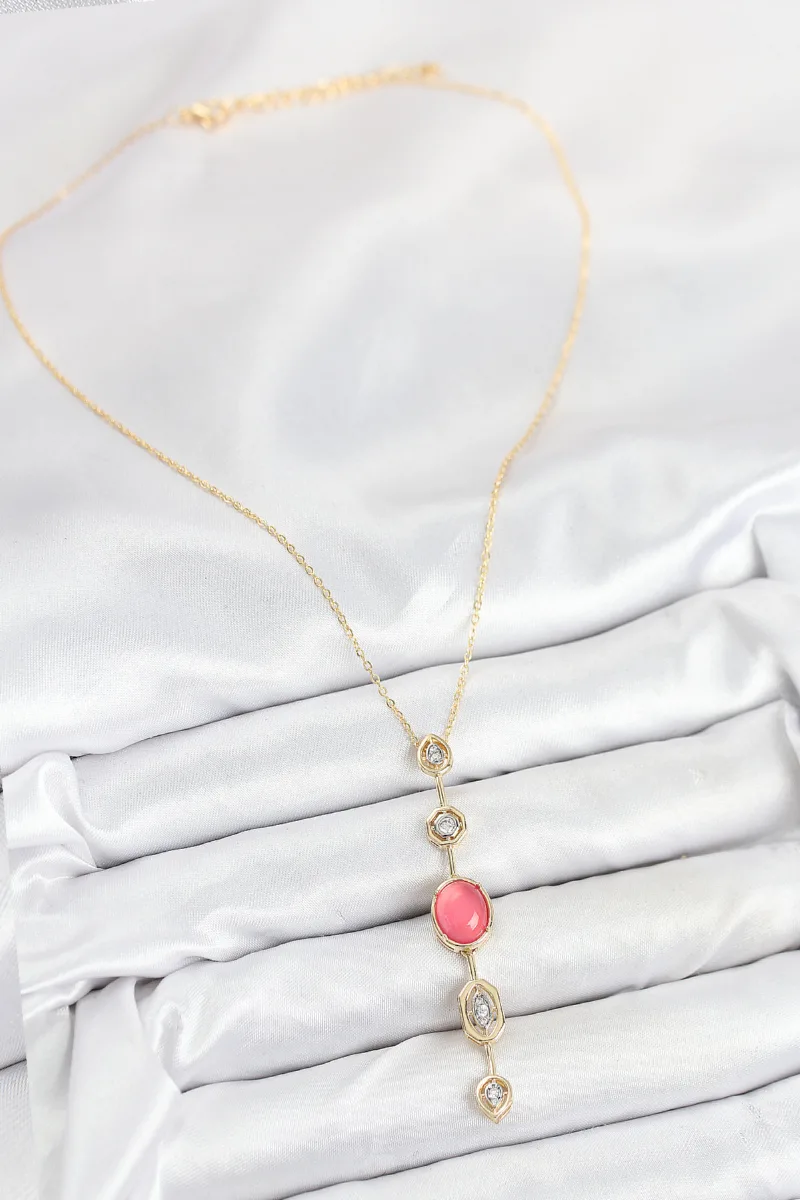 Pirinç Gold Renk Pembe Zirkon Taşlı Y Kolye
