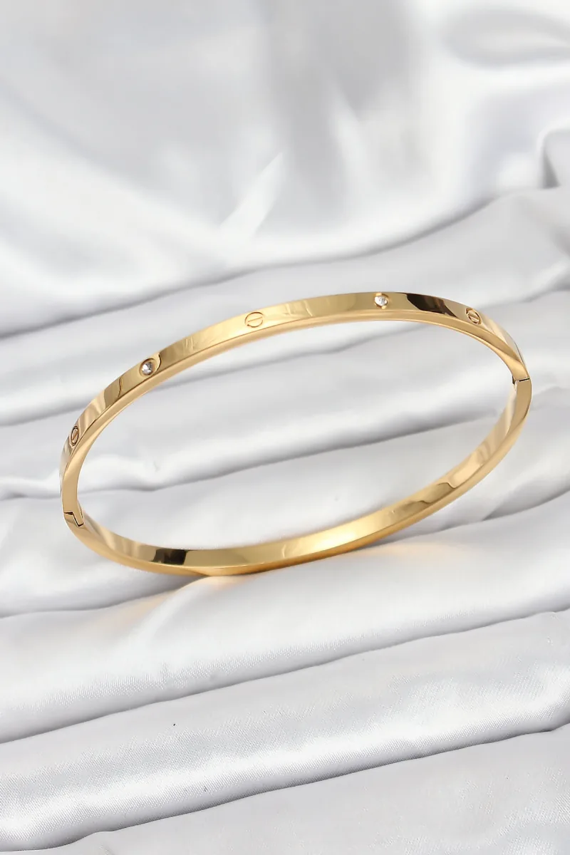Çelik Gold Renk Zirkon Taşlı İnce Kelepçe Bileklik