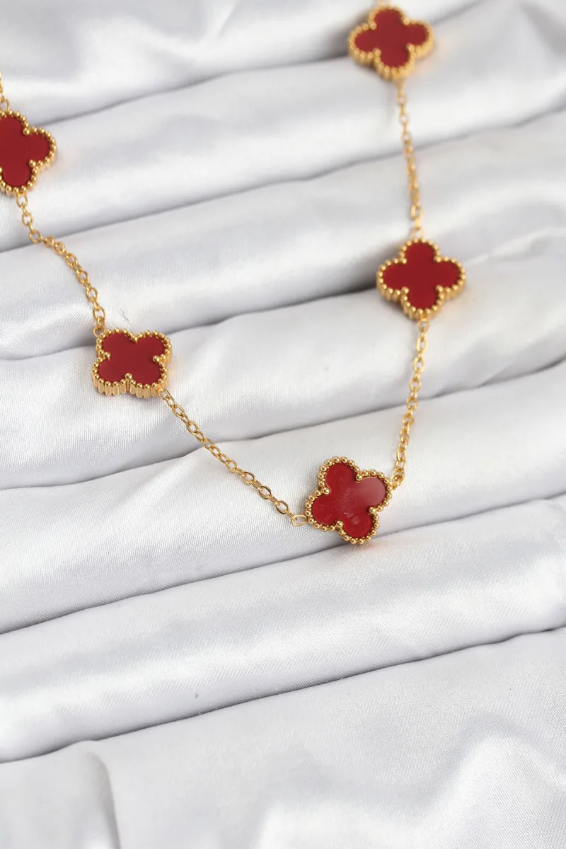Çelik Gold Renk Bordo Yonca Kolye