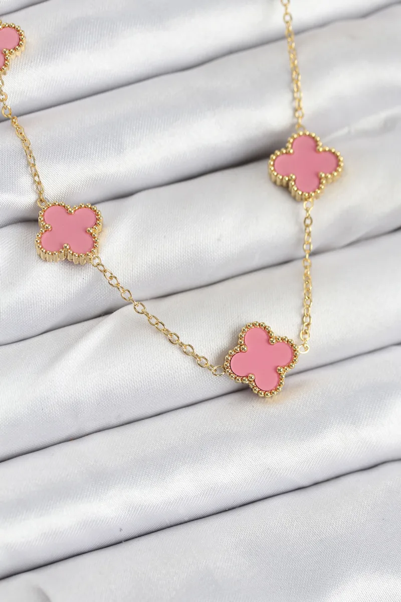Pembe Yonca Gold Renk Çelik Zincir Kolye