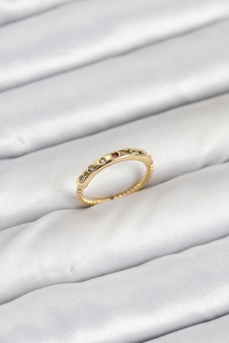 Renkli Zirkon Taşlı Gold Renk Yüzük