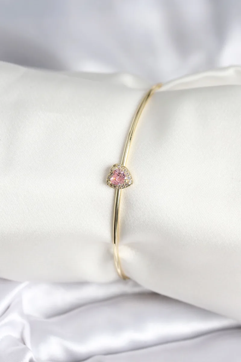 Gold Renk Kalp Model Pembe Zirkon Taşlı Bileklik