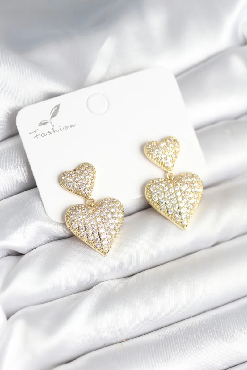 Kalp Figürlü Zirkon Taşlı Gold Tonu Küpe