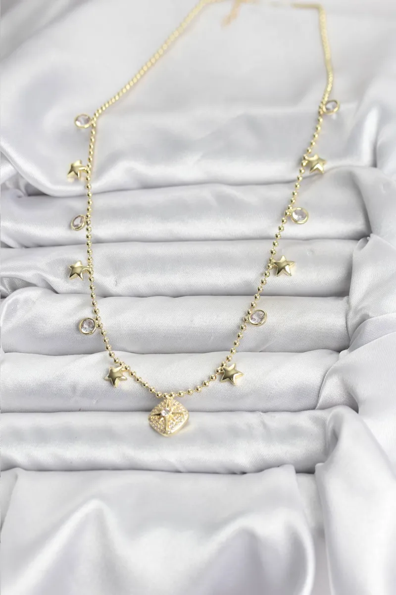 Zirkon Taşlı Kutup Yıldızı Pirinç Gold Renk Kolye