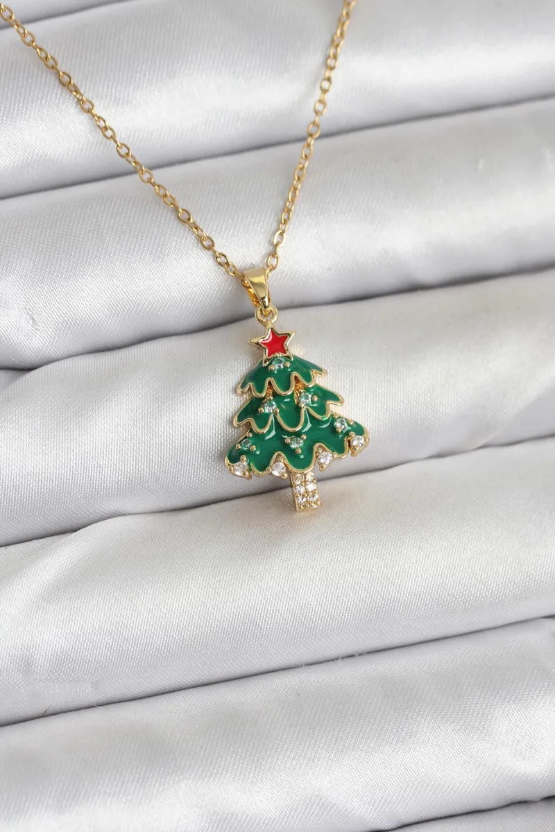 Çam Ağacı Model Gold Renk Yılbaşı Kolye