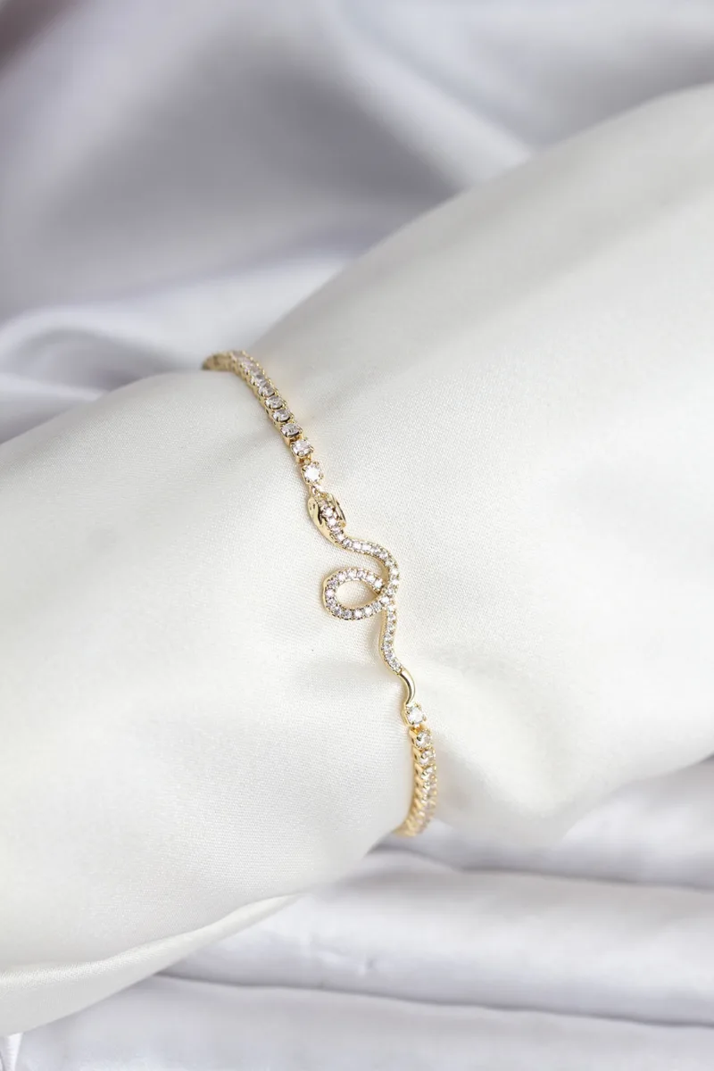 Yılan Model Gold Renk Zirkon Taşlı Bileklik