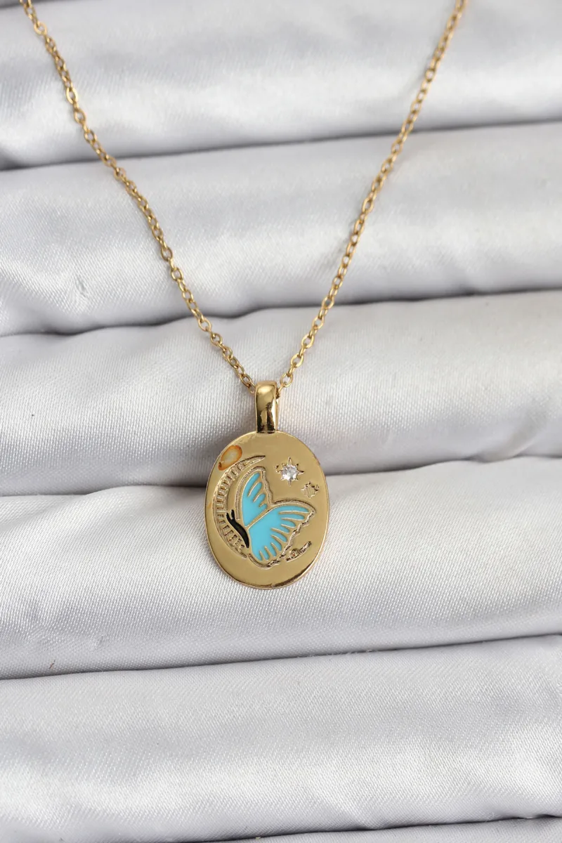 Kelebek Figürlü Gold Renk Çelik Kolye