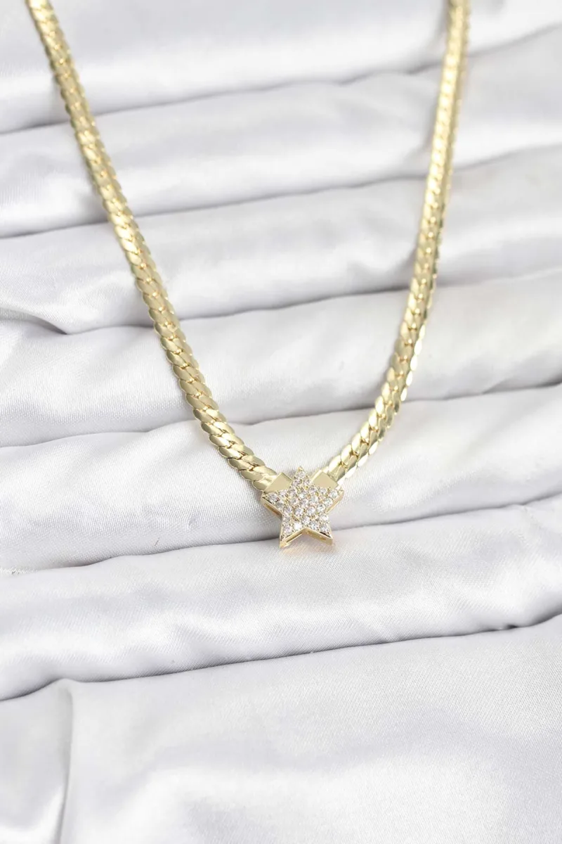 Yıldız Zirkon Taşlı Pirinç Gold Renk Kolye