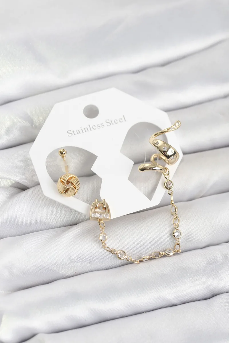 Yılan Pirinç Gold Renk Ear Cuff Küpe Seti