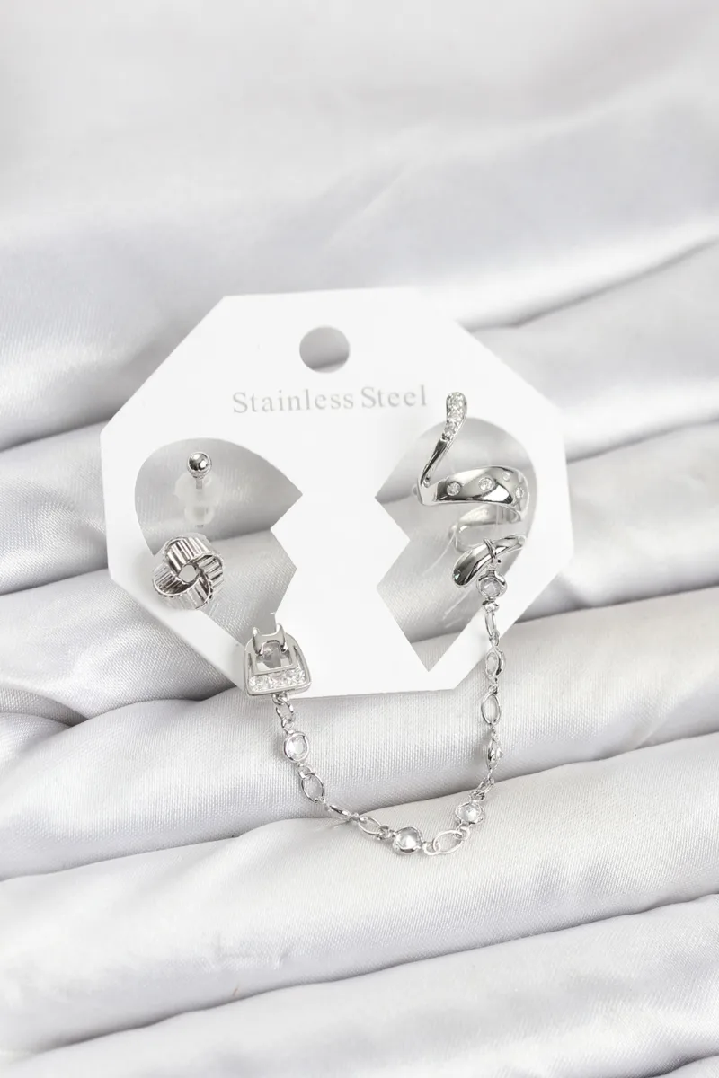Yılan Pirinç Gümüş Renk Ear Cuff Küpe Seti