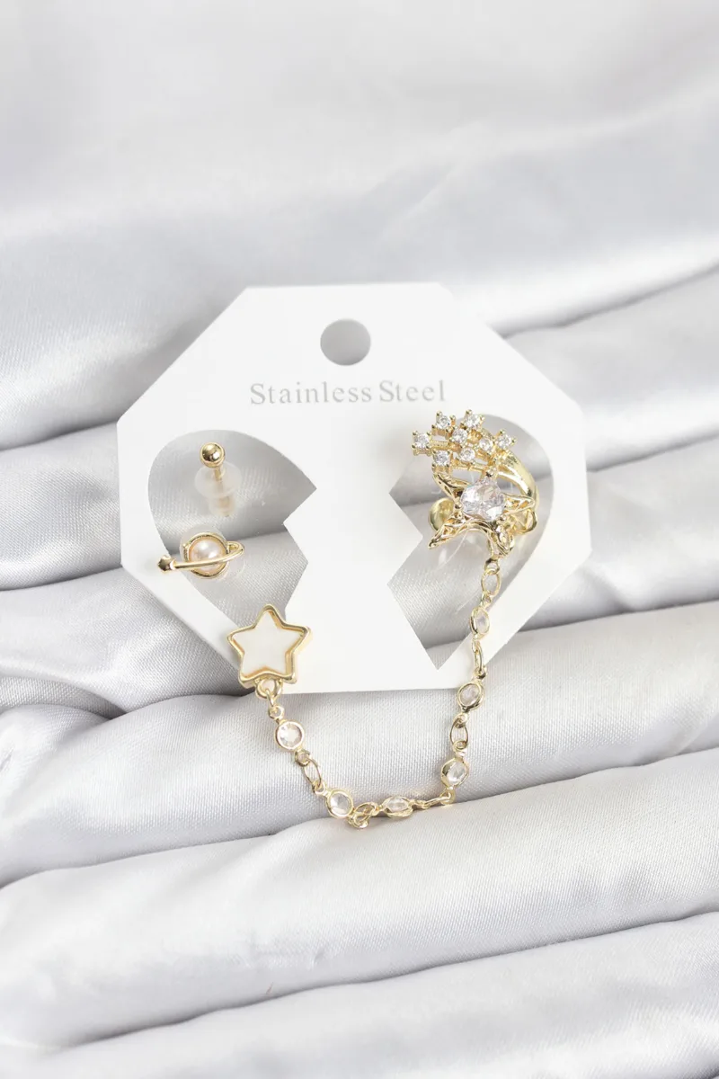 Gold Renk Yıldız Pirinç Ear Cuff Küpe Seti