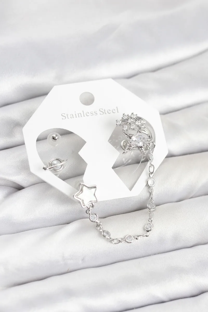 Yıldız Pirinç Gümüş Renk Ear Cuff Küpe Seti