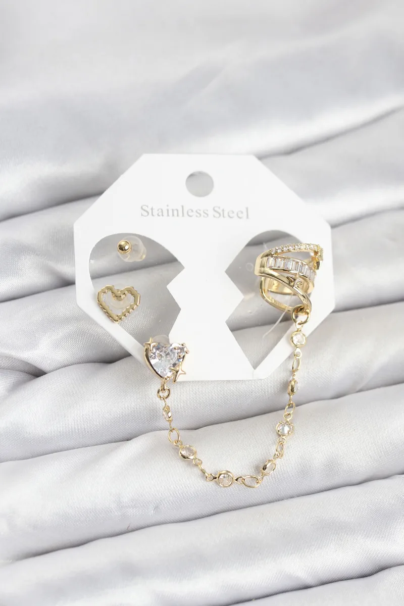 Kalp Pirinç Gold Renk Ear Cuff Küpe Seti