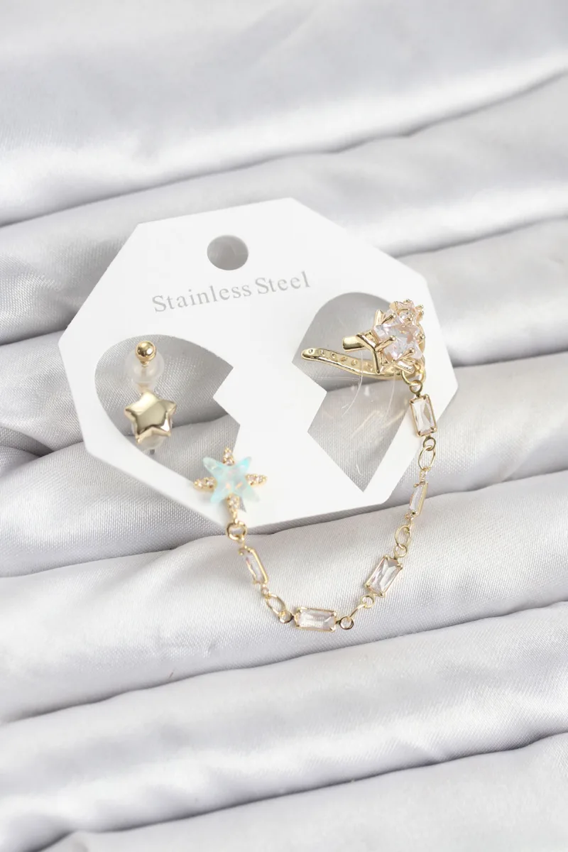 Yıldız Gold Zincirli Kulak Manşeti Küpe Seti