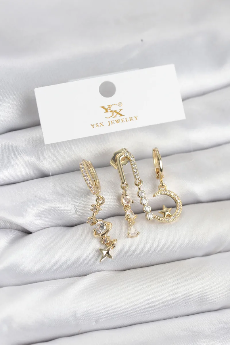 Uzay Zirkon Taşlı Gold Üçlü Küpe Seti