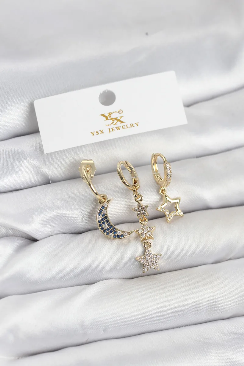 Ay Yıldız Zirkon Taşlı Gold Üçlü Küpe Seti