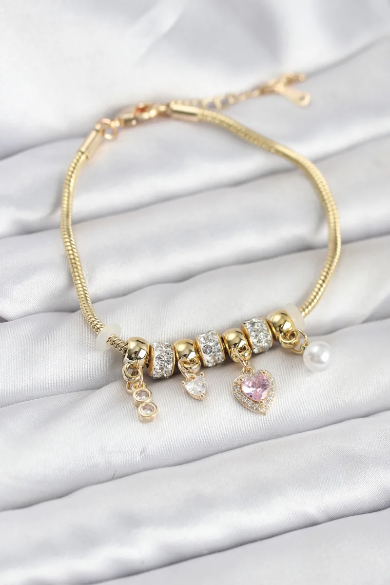 Pembe Kalp Sarkaçlı Pirinç Gold Renk Bileklik