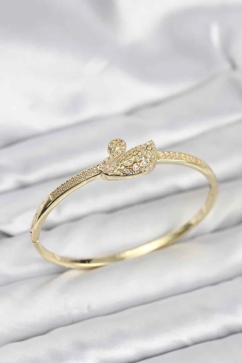 Kuğu Model Gold Renk Zirkon Taşlı Kelepçe Bileklik