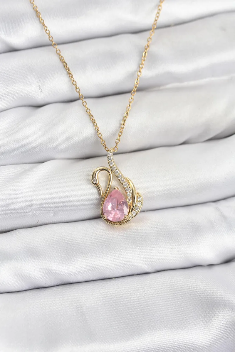 Gold Renk Zirkon Taşlı Pembe Kuğu Kolye