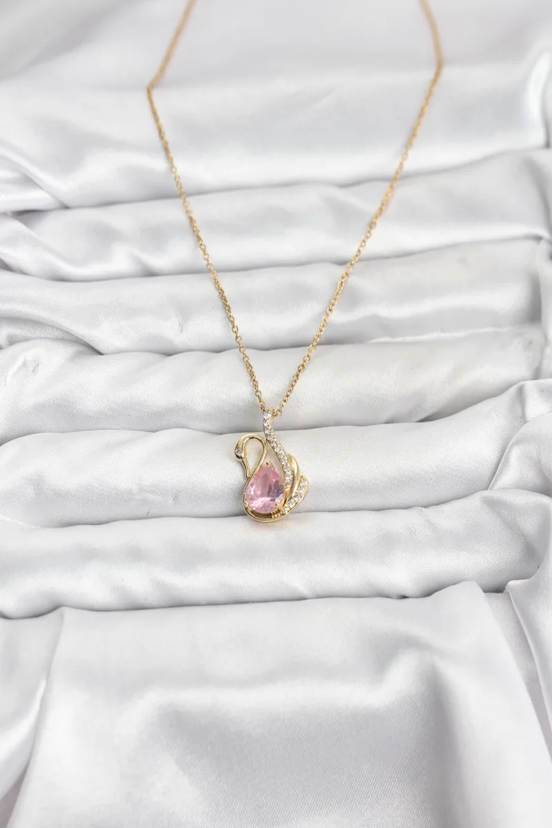 Gold Renk Zirkon Taşlı Pembe Kuğu Kolye
