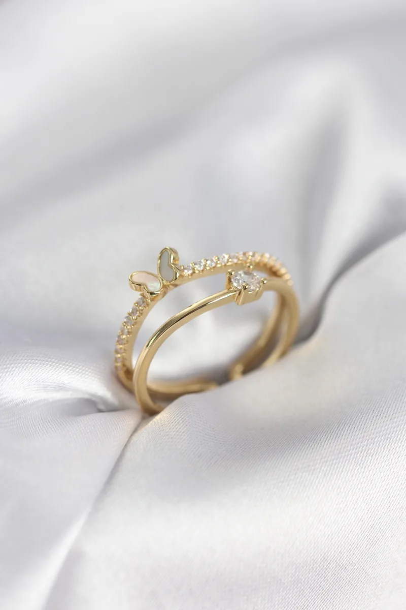 İkili Kelebek Figürlü Zirkon Taşlı Gold Renk Yüzük