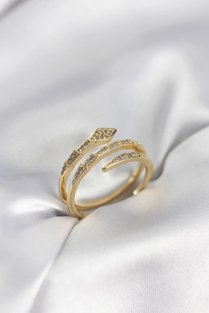 Zirkon Taşlı Yılan Figürlü Gold Renk Yüzük
