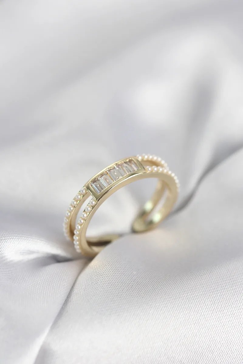 Baget Zirkon Ve İnci Taşlı Gold Yüzük