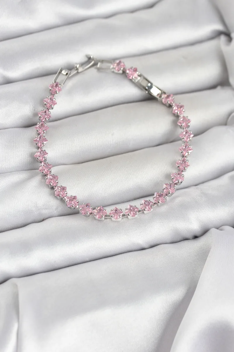 Pembe Kare Taşlı Gümüş Renk Su Yolu Bileklik