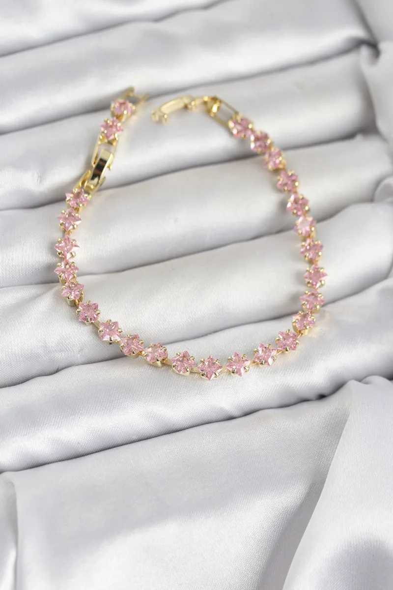 Pembe Kare Taşlı Gold Renk Su Yolu Bileklik