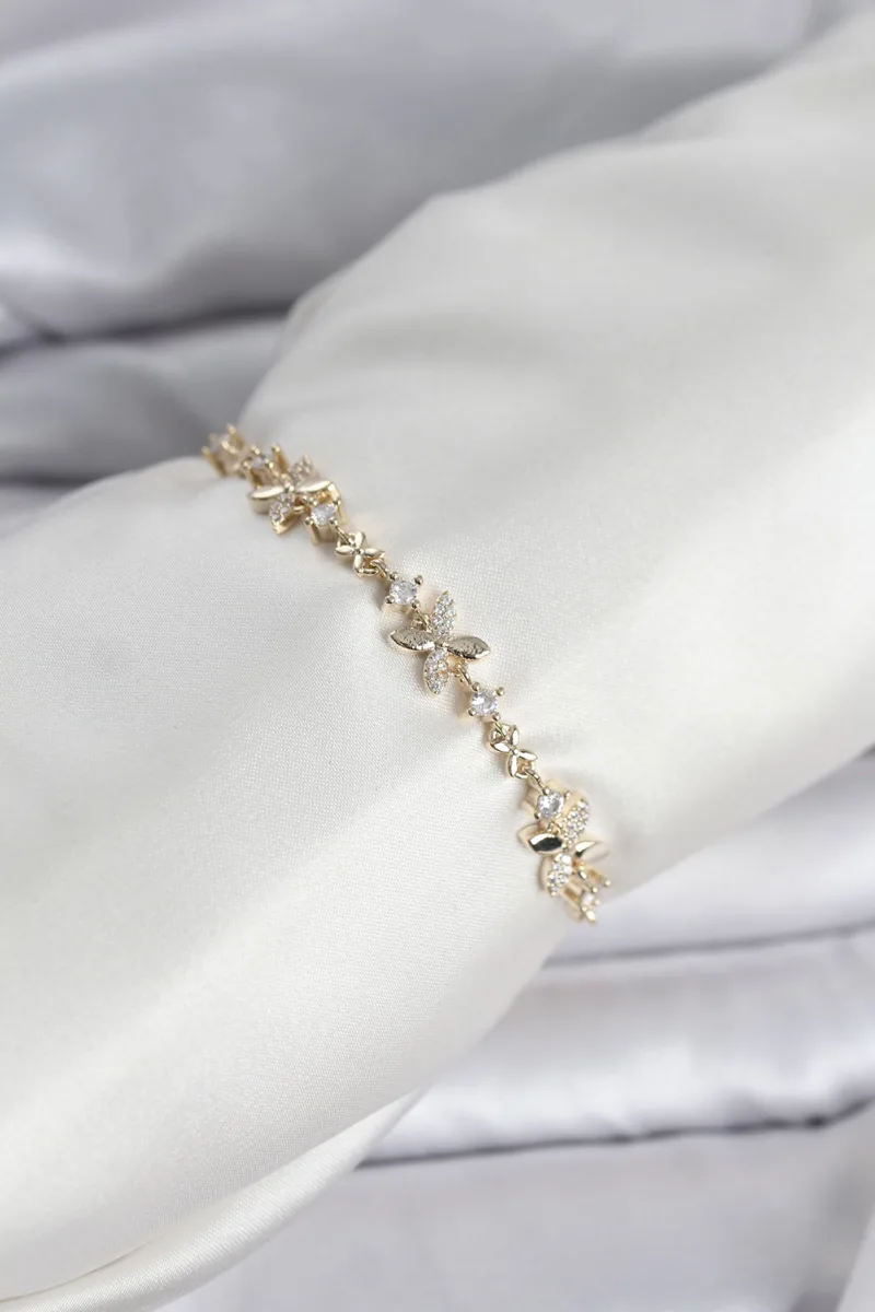 Ayarlanabilir Gold Renk Yonca Zirkon Bileklik