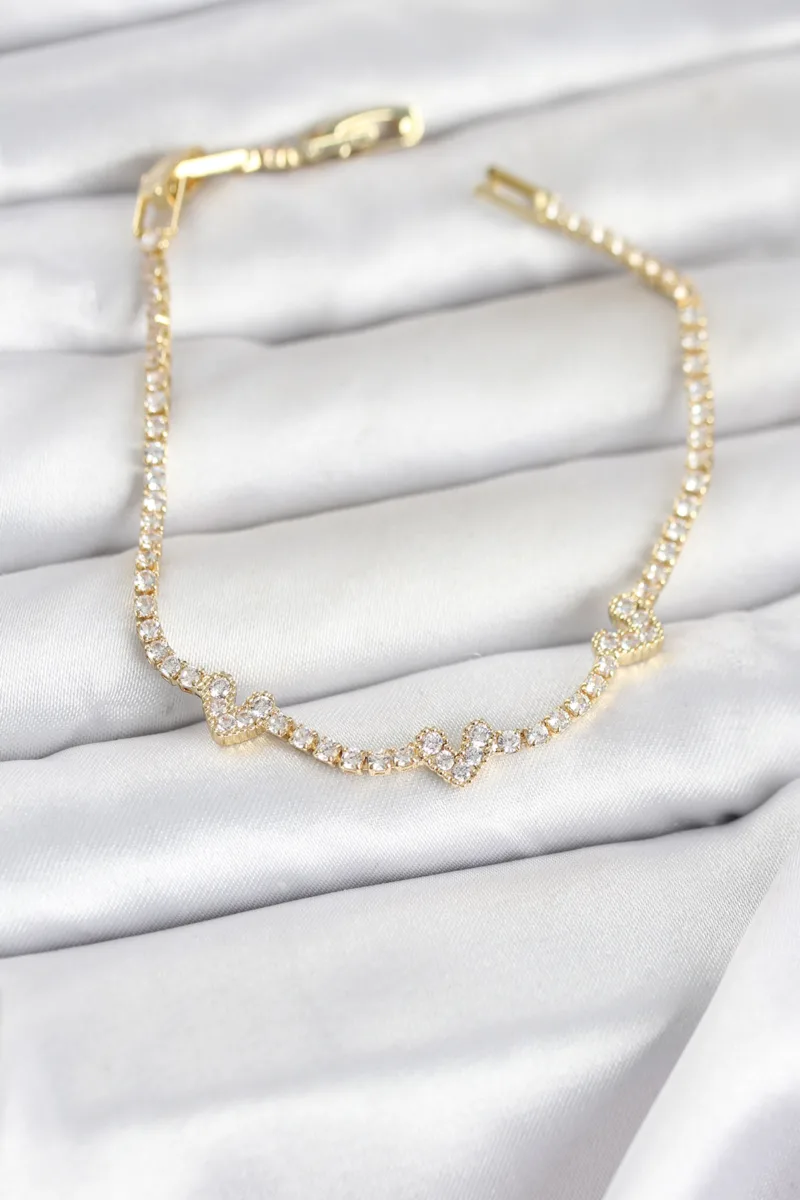 Su Yolu Kalp Model Zirkon Taşlı Gold Bileklik